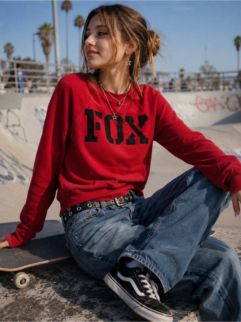 Y2K Fox Racing Red Black Logo Spellout Scoop Neck Sweatshirt Sz M Grunge Mcbling